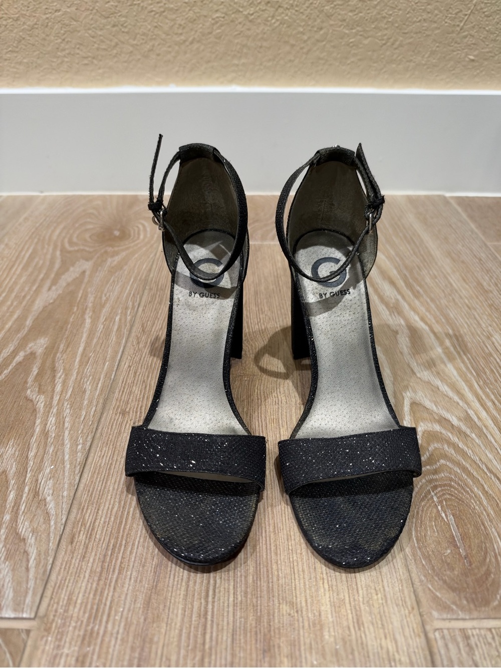GUESS Black Sparkle Ankle-Strap Block Heels